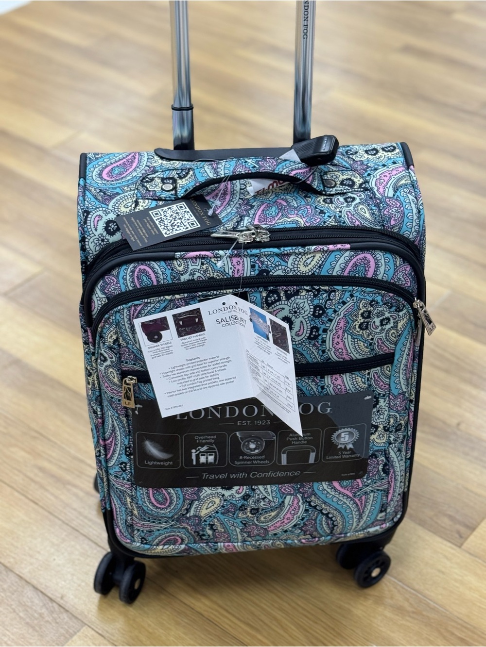 London Fog Paisley Carry-On Spinner Luggage 20”- Teal & Pink